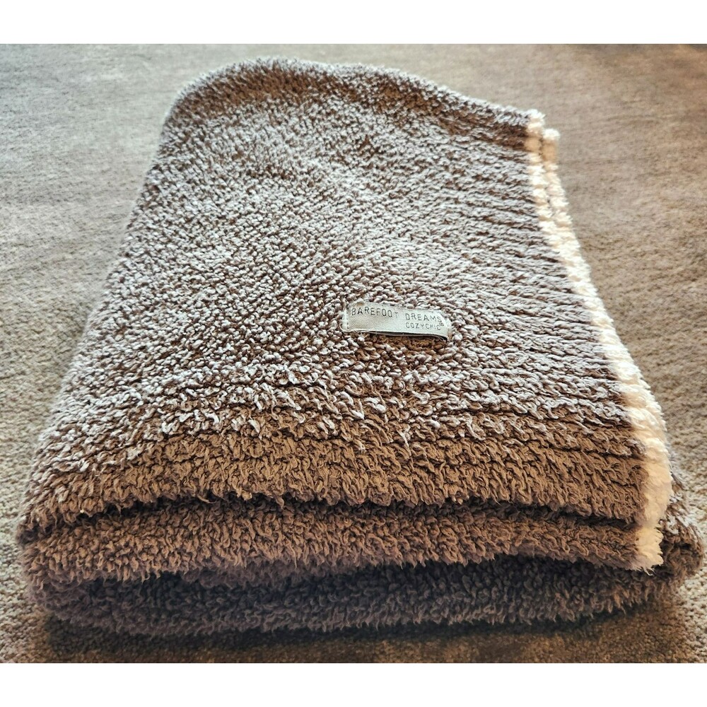 Barefoot Dreams CozyChic Rib Throw Blanket Taupe Beige w/ White Contrast